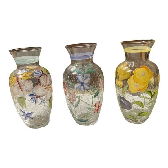 Set 3 Hand Painted Dragonfly Floral Butterfly Fifth Avenue Crackle Glass Vases - Picture 2 of 7